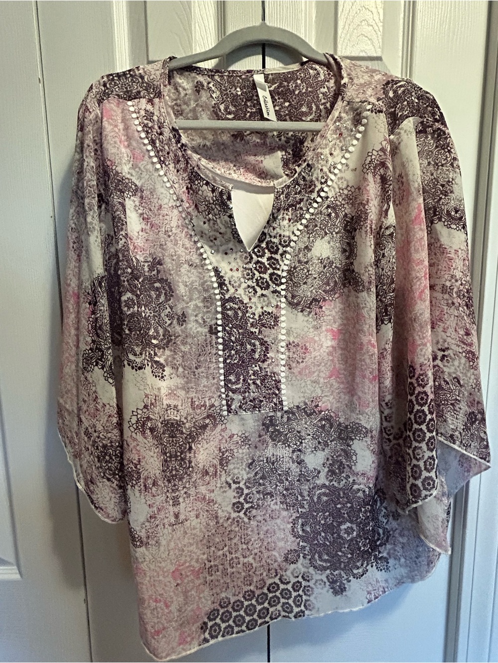 NY Collection Pink and Gray Printed Split-Neck Tunic